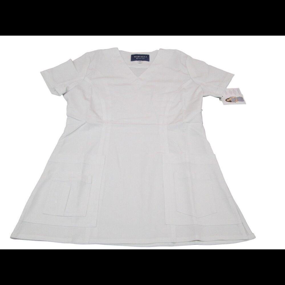 Marvella Womens White Uniform Medical Scrub Top Nurse Hospital Work Wear XS
